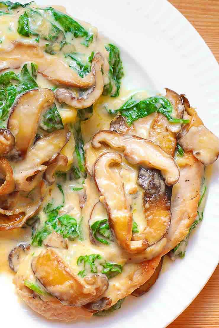 Easy Chicken Breasts with Spinach and Mushrooms on a white plate