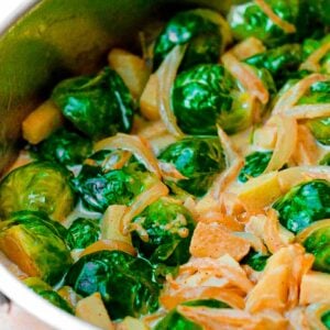 Dijon Mustard Brussels Sprouts with Green Apples and Blue Cheese