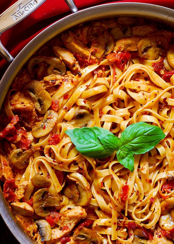 Chicken Fettuccine with Sun-Dried Tomatoes and Mushrooms