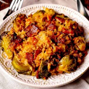 Cheesy Brussels Sprouts and Bacon Gratin