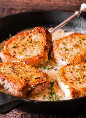 Creamy Low Carb Pork Chops in a Sauce in a Skillet