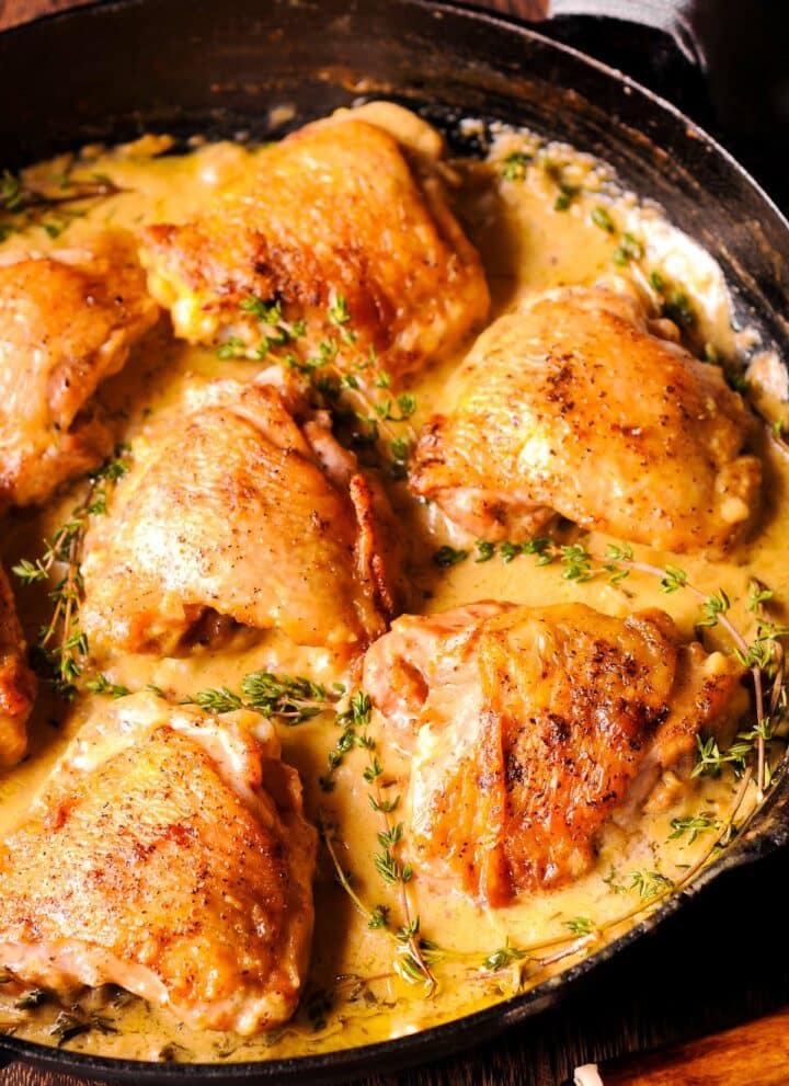 Dijon Mustard Chicken Thighs in a Skillet