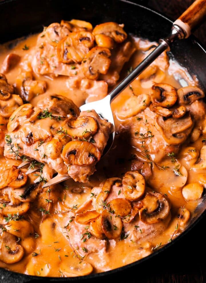 Chicken Thighs with Mushrooms in a skillet