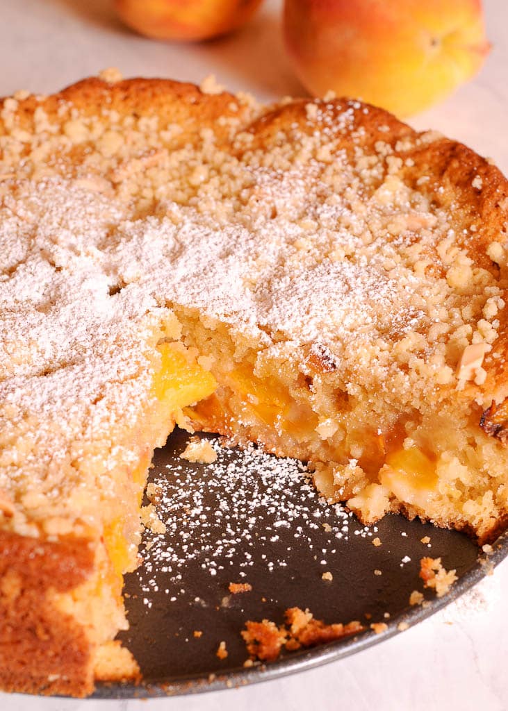 German Peach Kuchen Cake with Almond Streusel