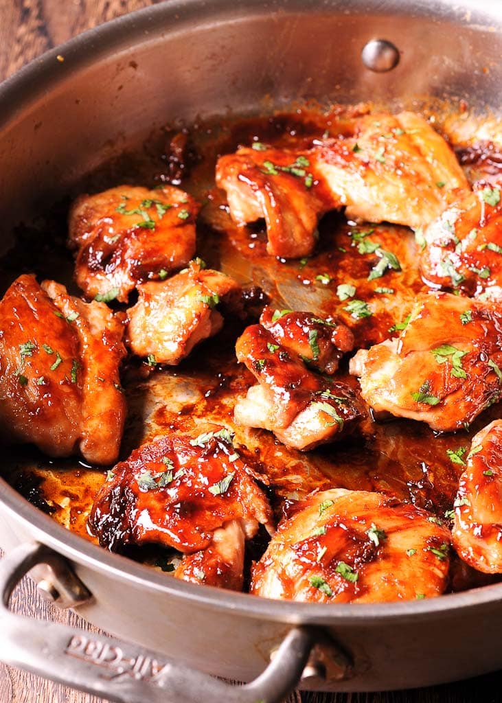 Sweet and Salty Boneless Chicken Thighs in a pan