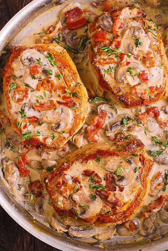 Smothered Pork Chops in Mushroom and Thyme Sauce