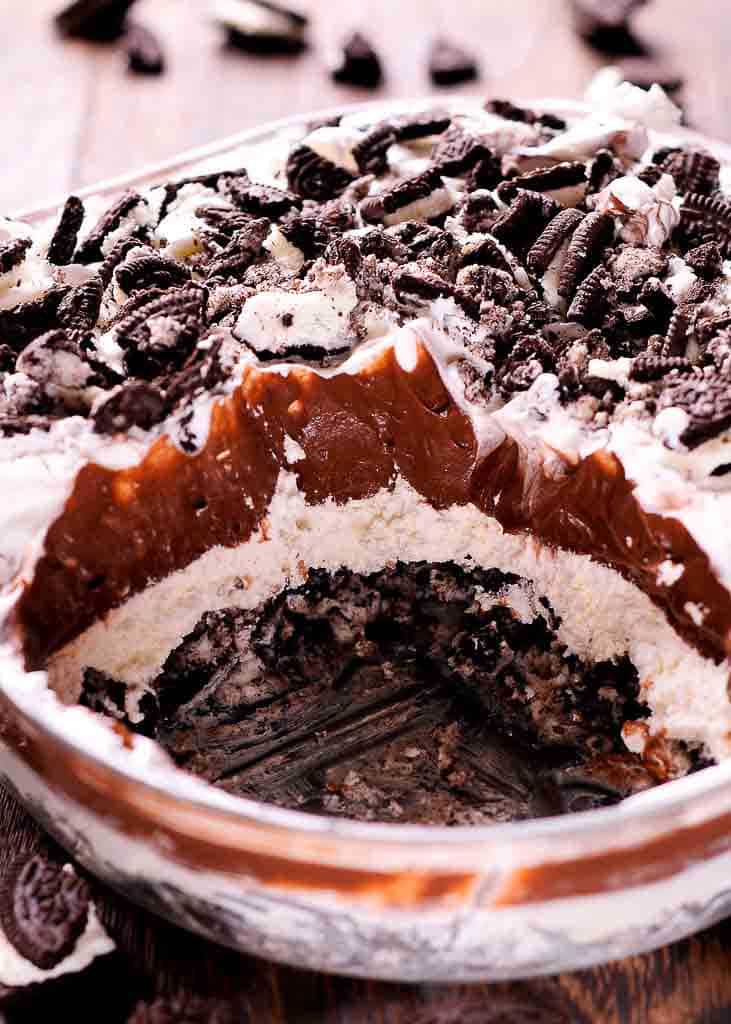 No Bake Oreo Dessert with Cream Cheese, Cool Whip and Chocolate Pudding