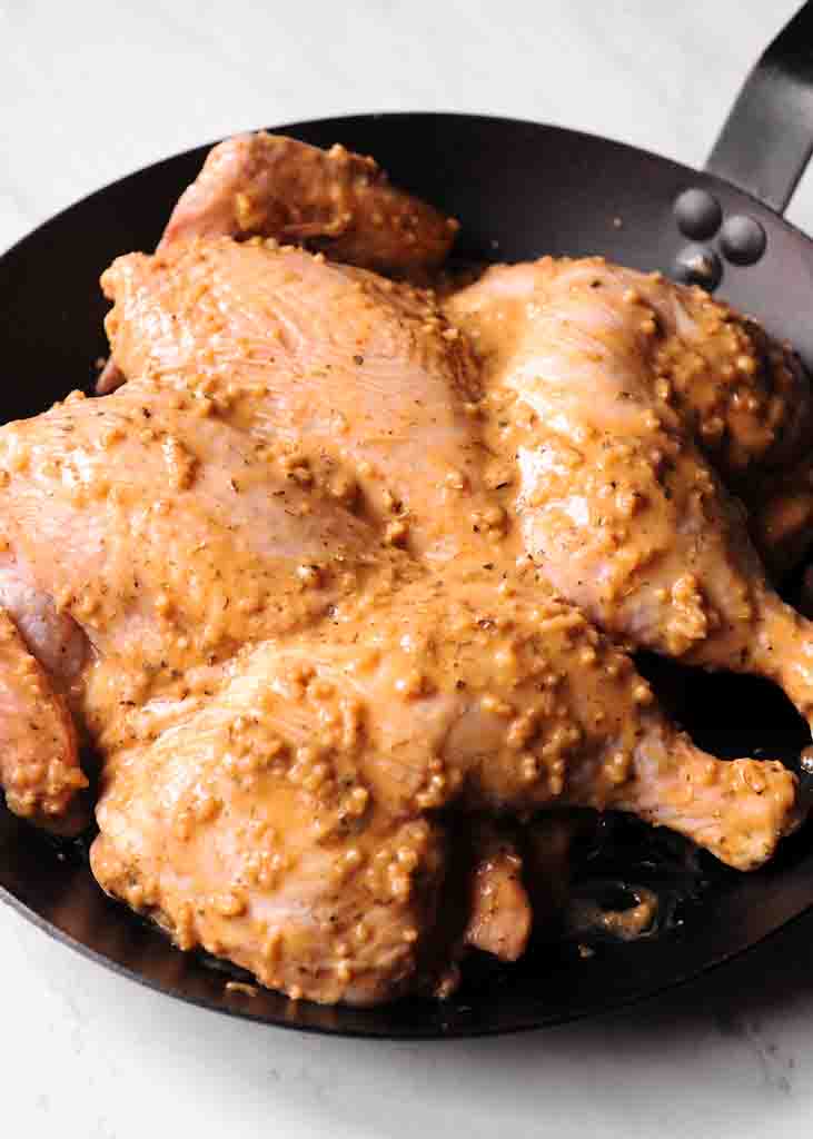 Roasted Spatchcock Chicken with Garlic Mustard Crust