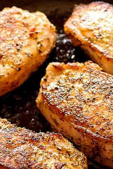 Easy Pan-seared Pork Chops in cast iron skillet