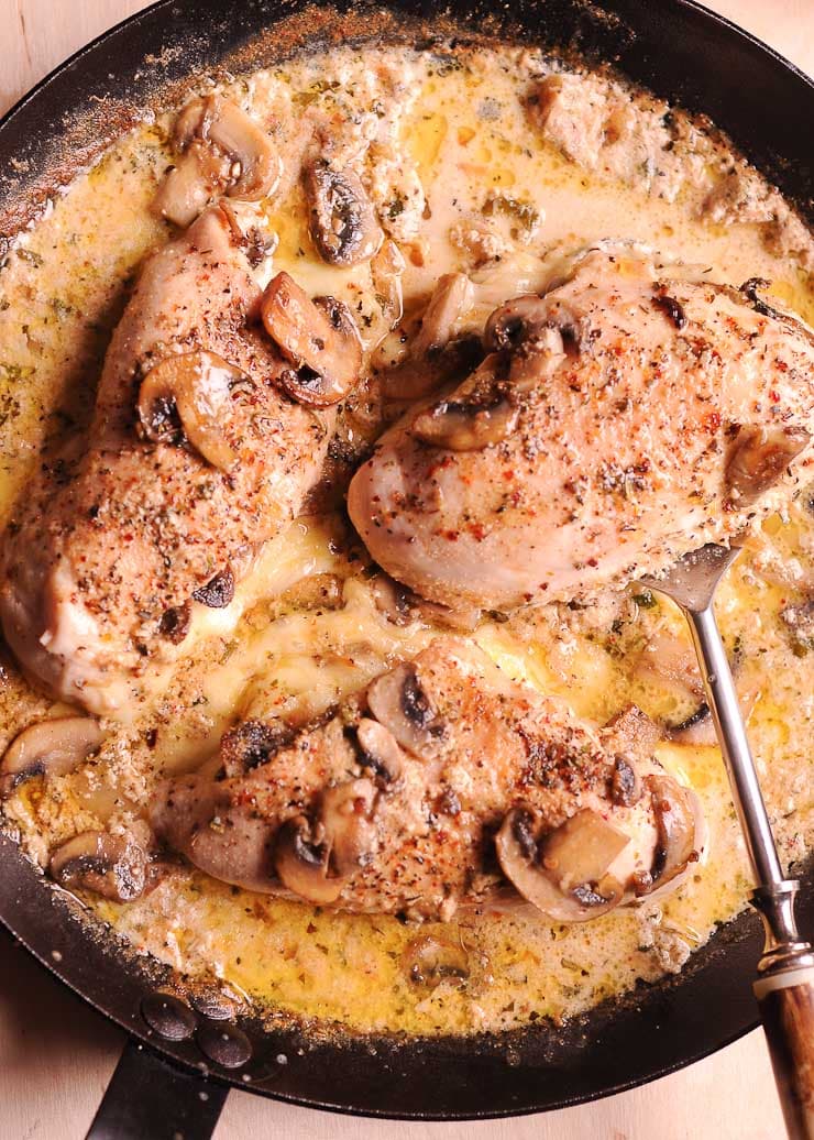 Cheese Stuffed Chicken in Sauce in a pan