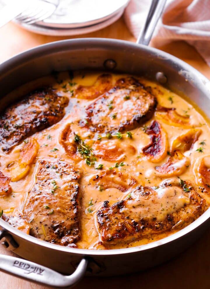 Apple Cider Pork Chops in a Skillet