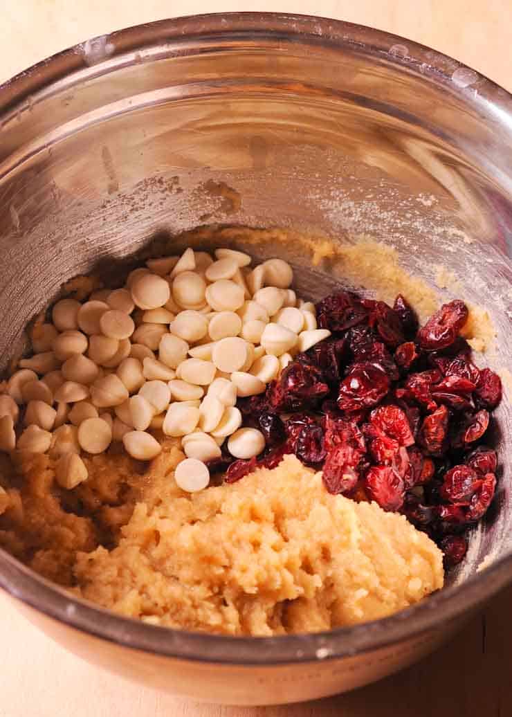 cranberry and white chocolate chips in a bowl