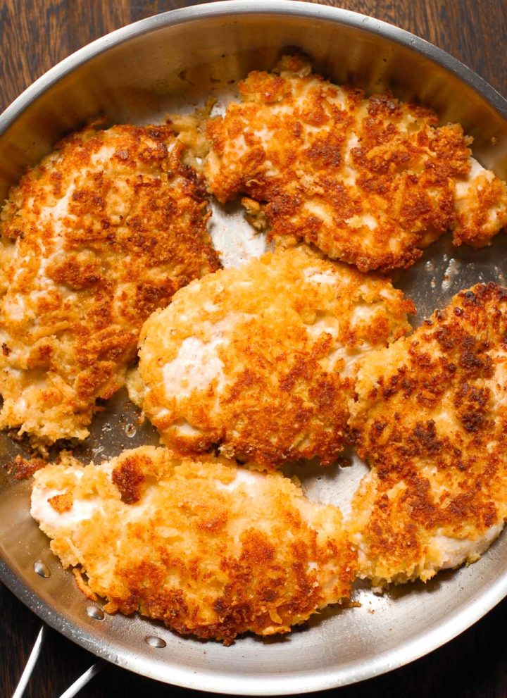 parmesan crusted chicken in a pan