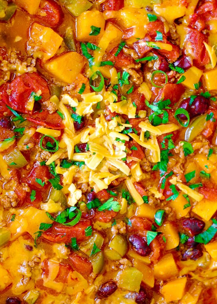 Beef Chili with Beans, Butternut Squash and Cheddar Cheese