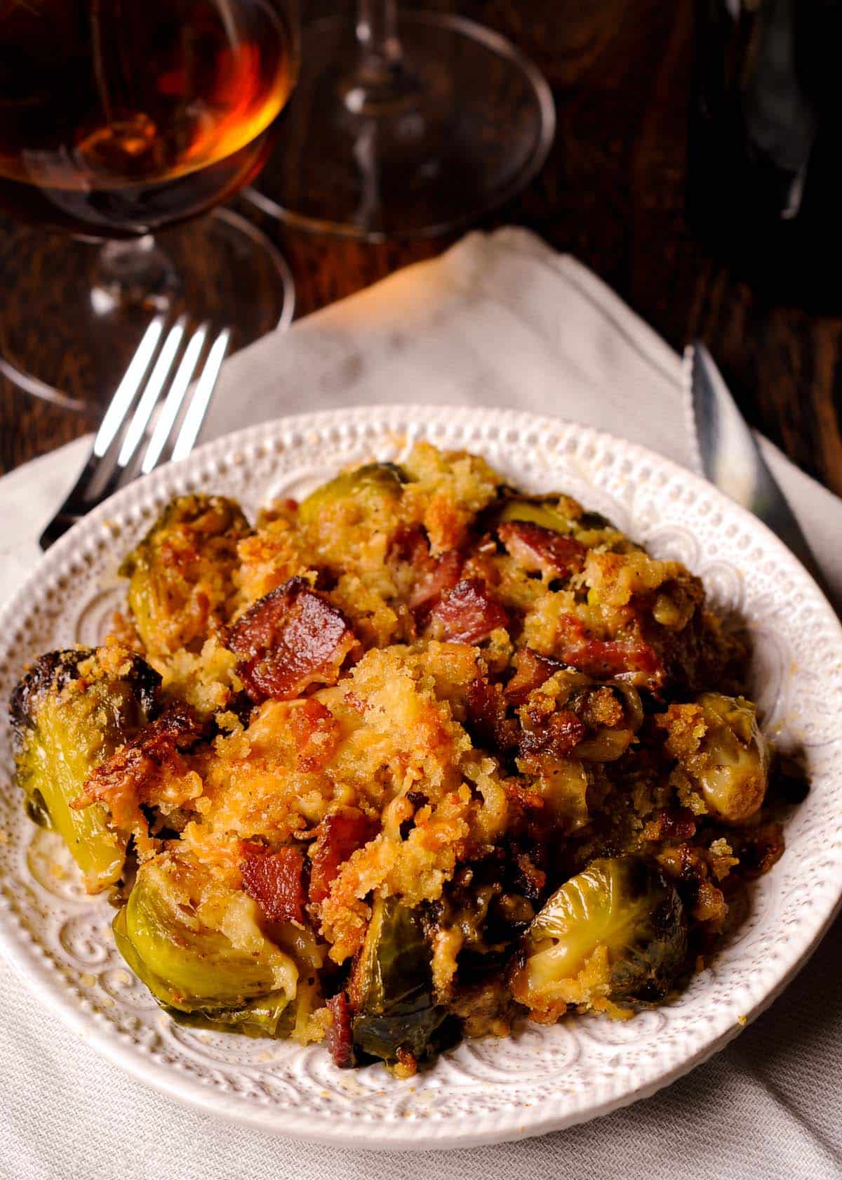 Brussels Sprouts and Bacon Gratin on a plate