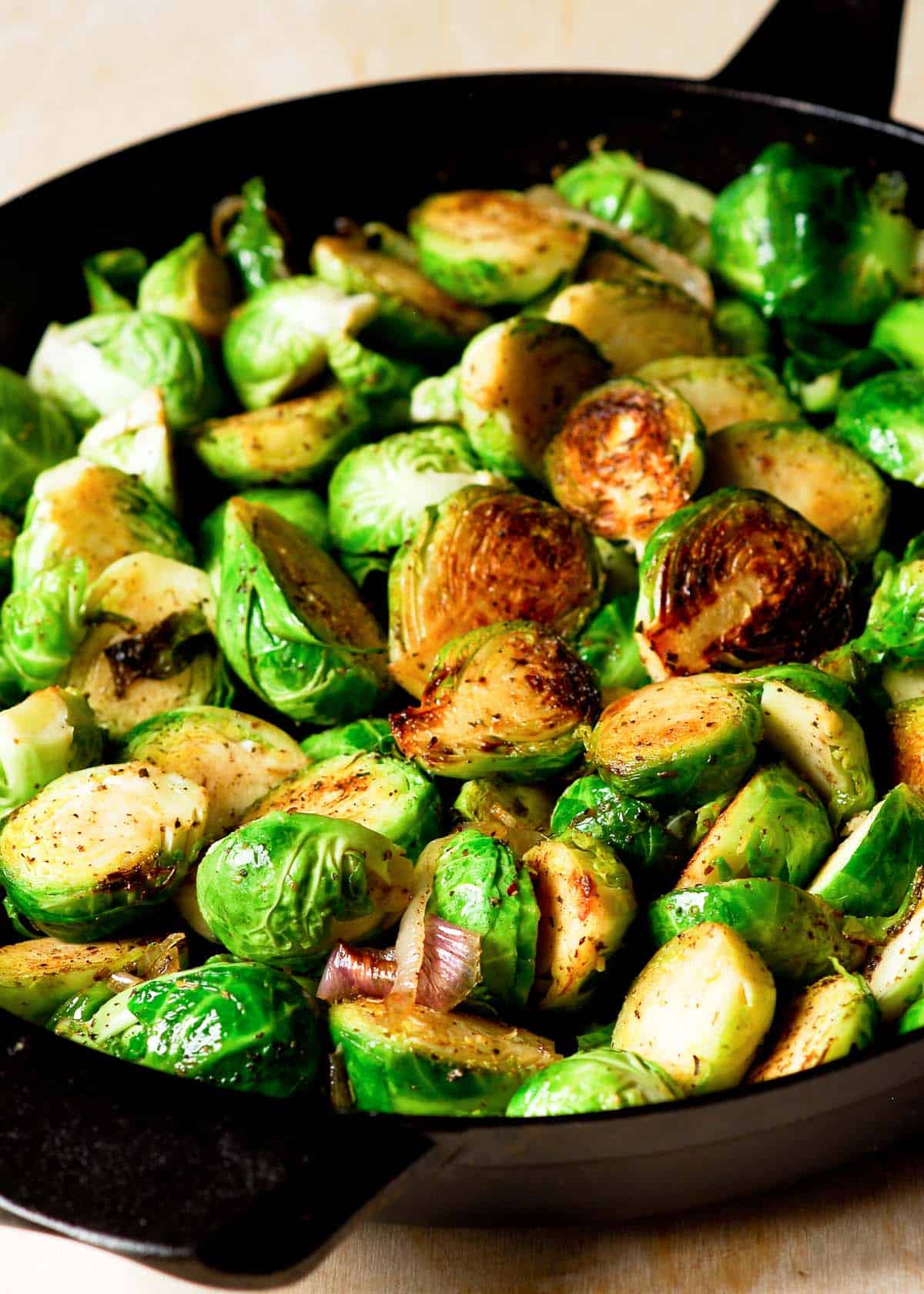 Brussels sprouts in a cast iron pan