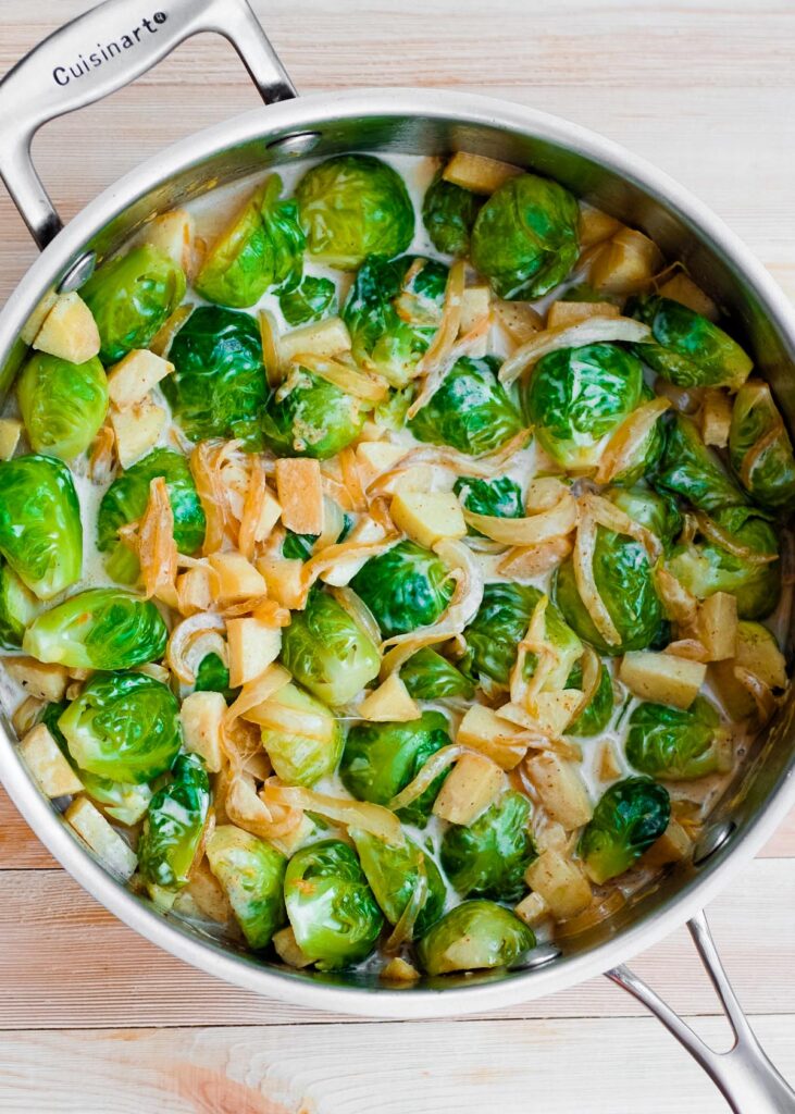 Dijon Mustard Brussels Sprouts in a pan