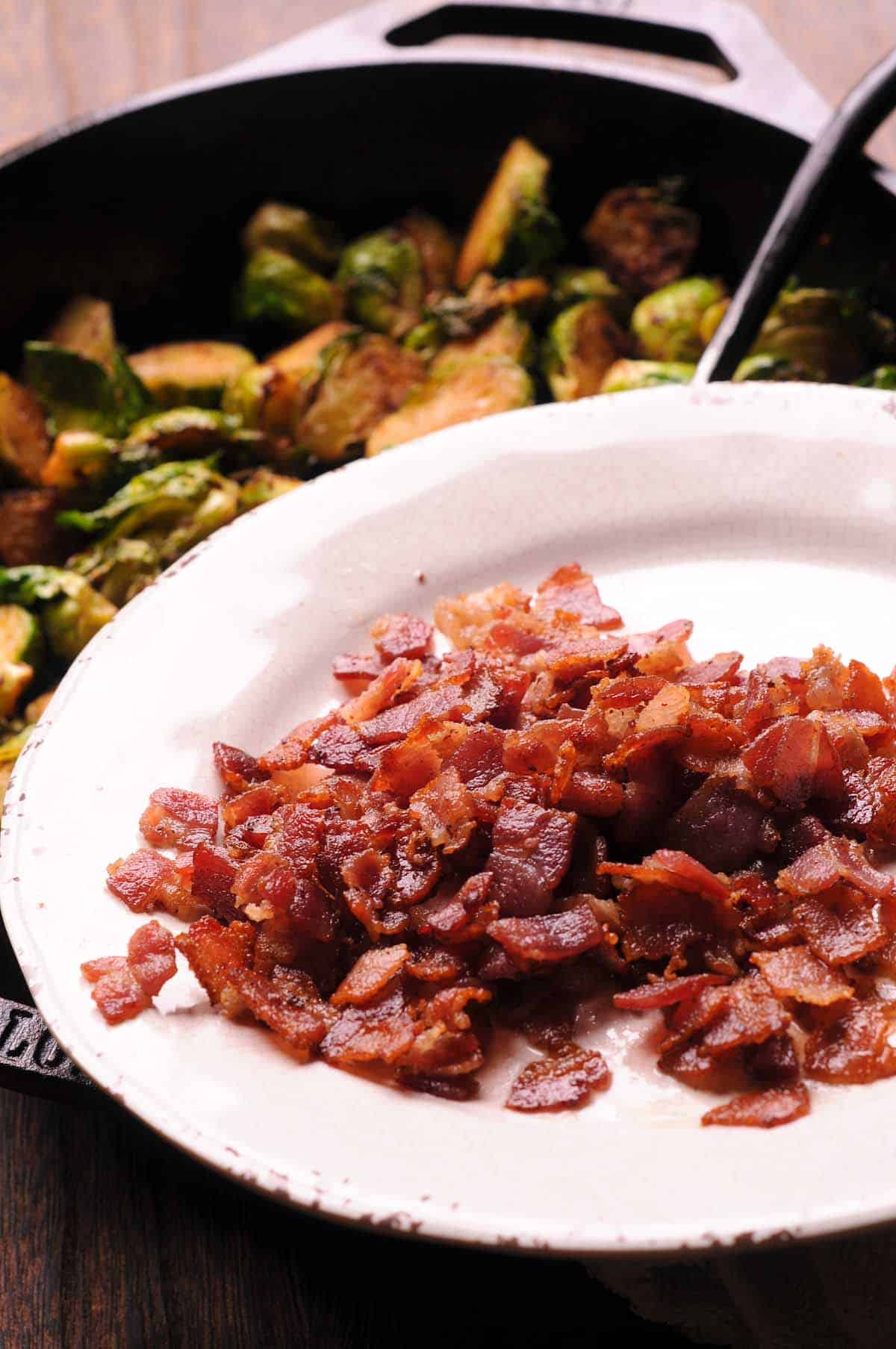 Bacon on a plate to add to the brussels sprouts skillet