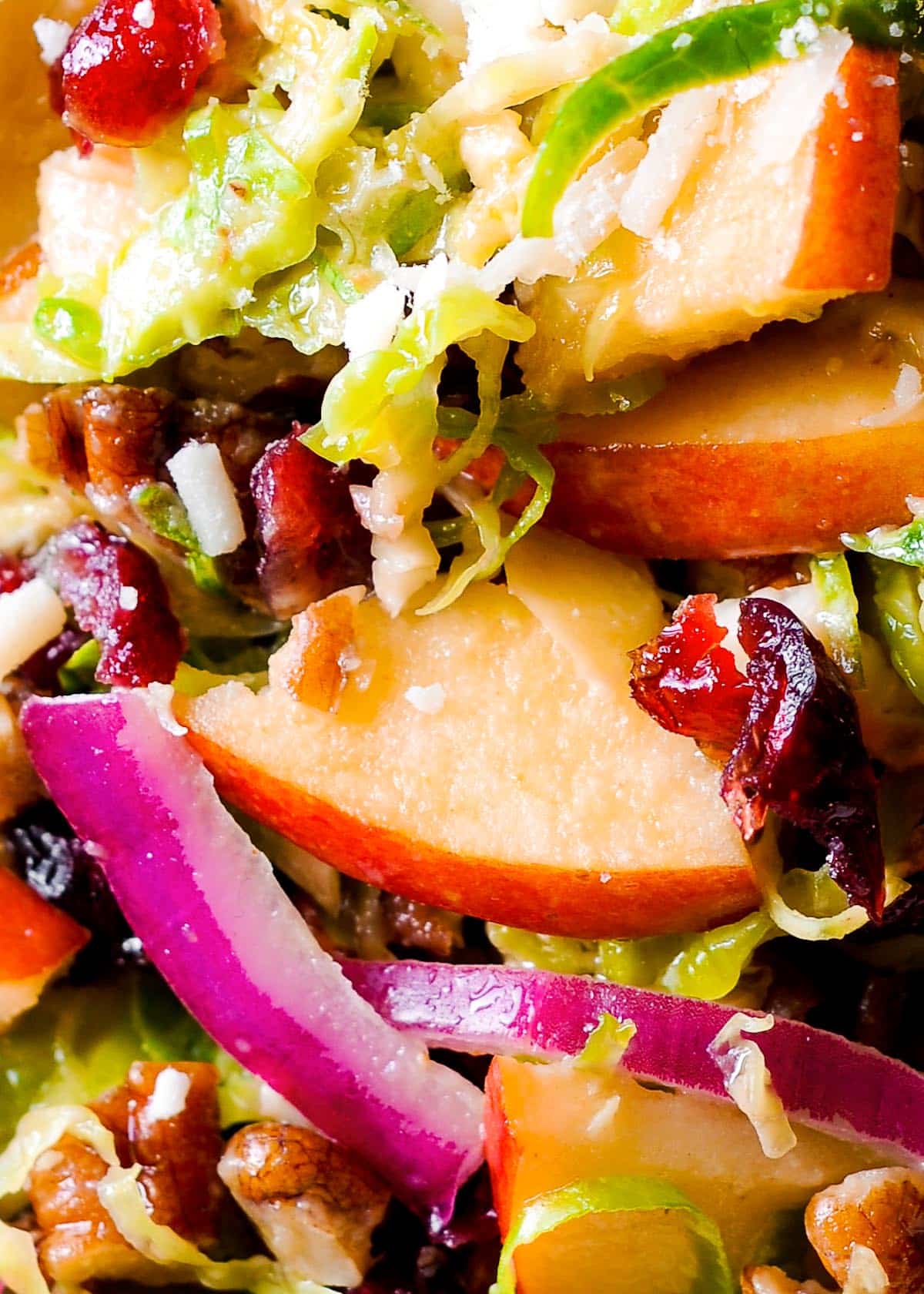 Honey Mustard Brussels Sprout Salad with Cranberries, Apples and Pecan