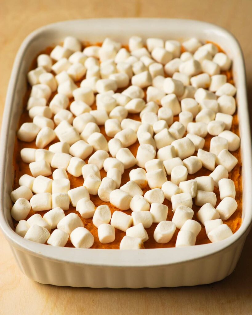 Sweet potatoes covered with mini marshmallows