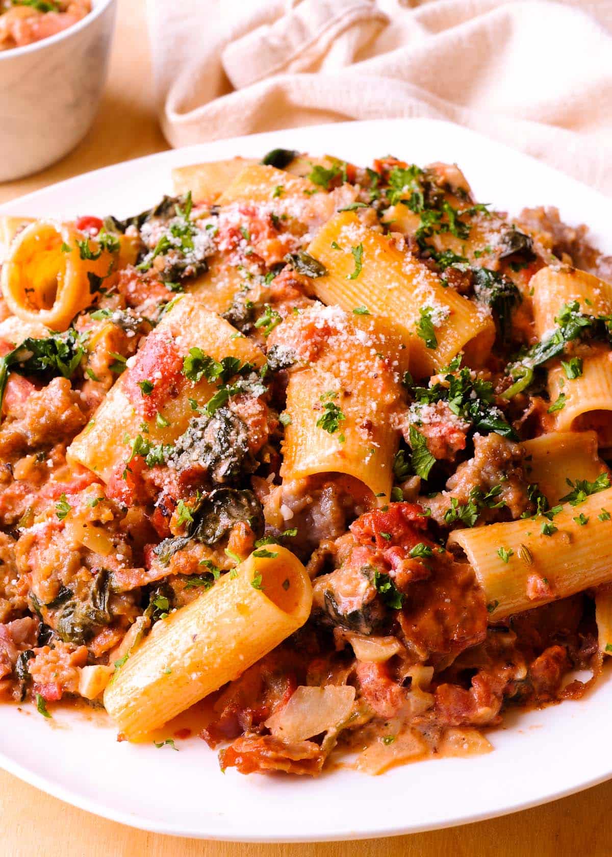 Italian Sausage and Spinach Pasta on a plate