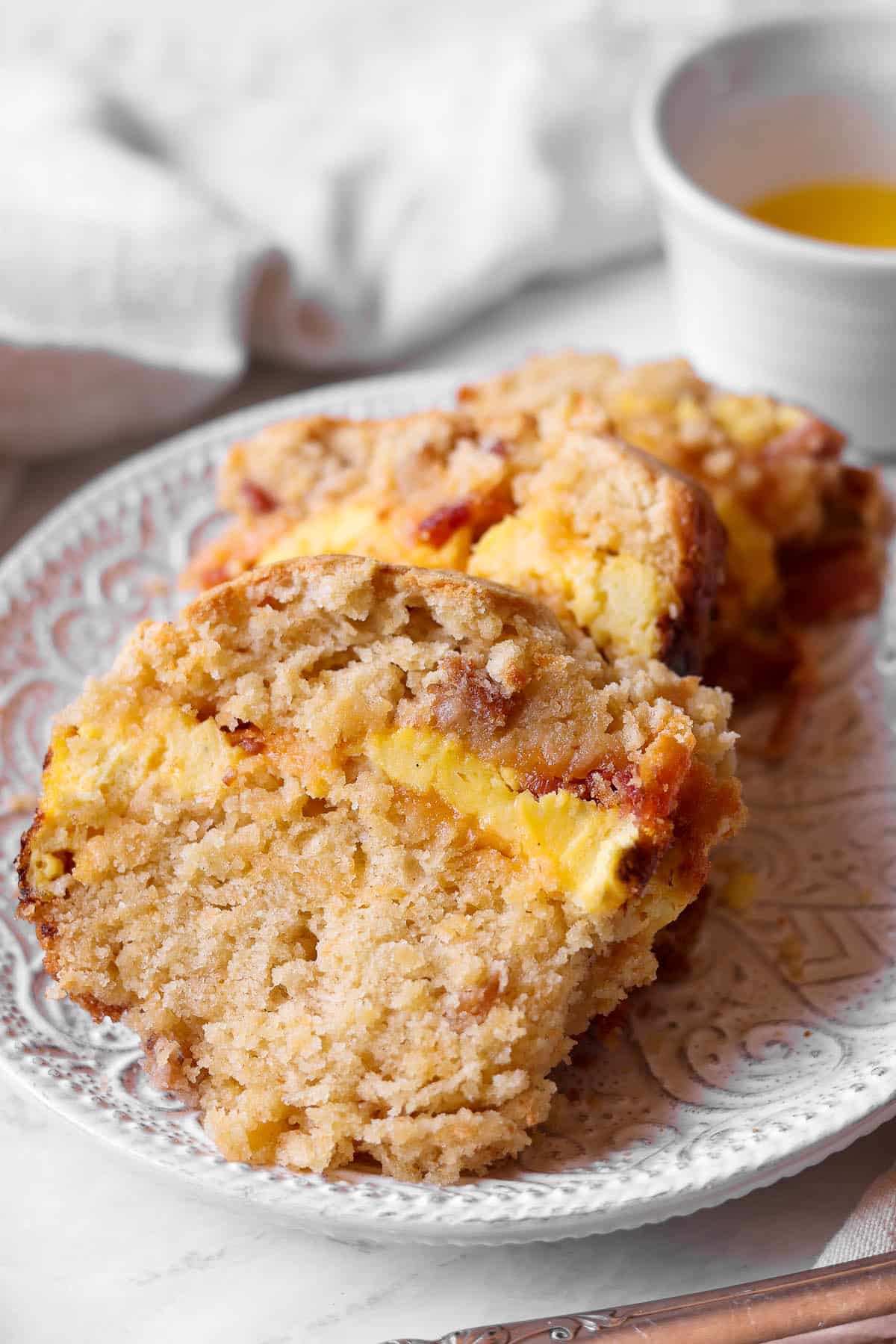 Easy Breakfast Bundt Bread with Egg, Bacon and Cheese sliced on a plate