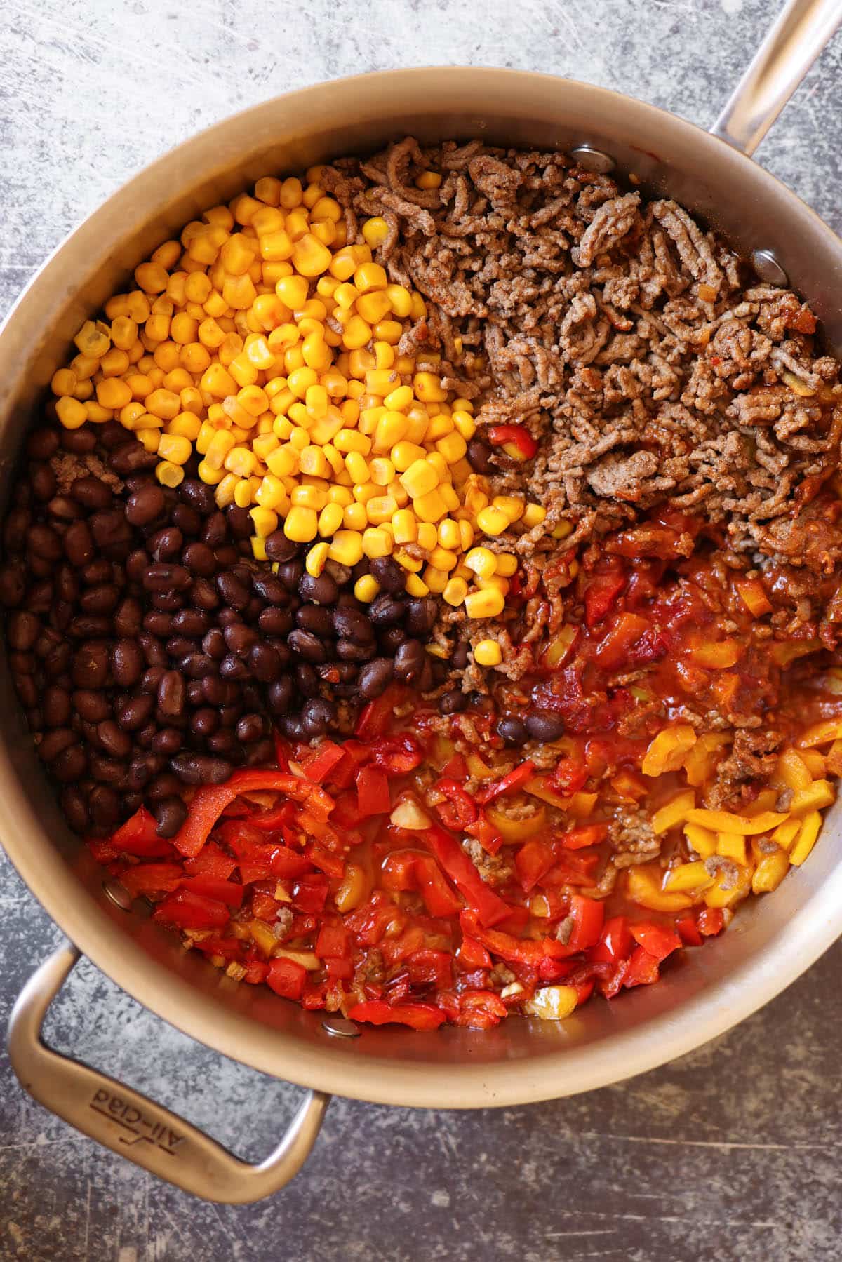 Mexican Beef and Rice skillet with bell peppers, corn and black beans