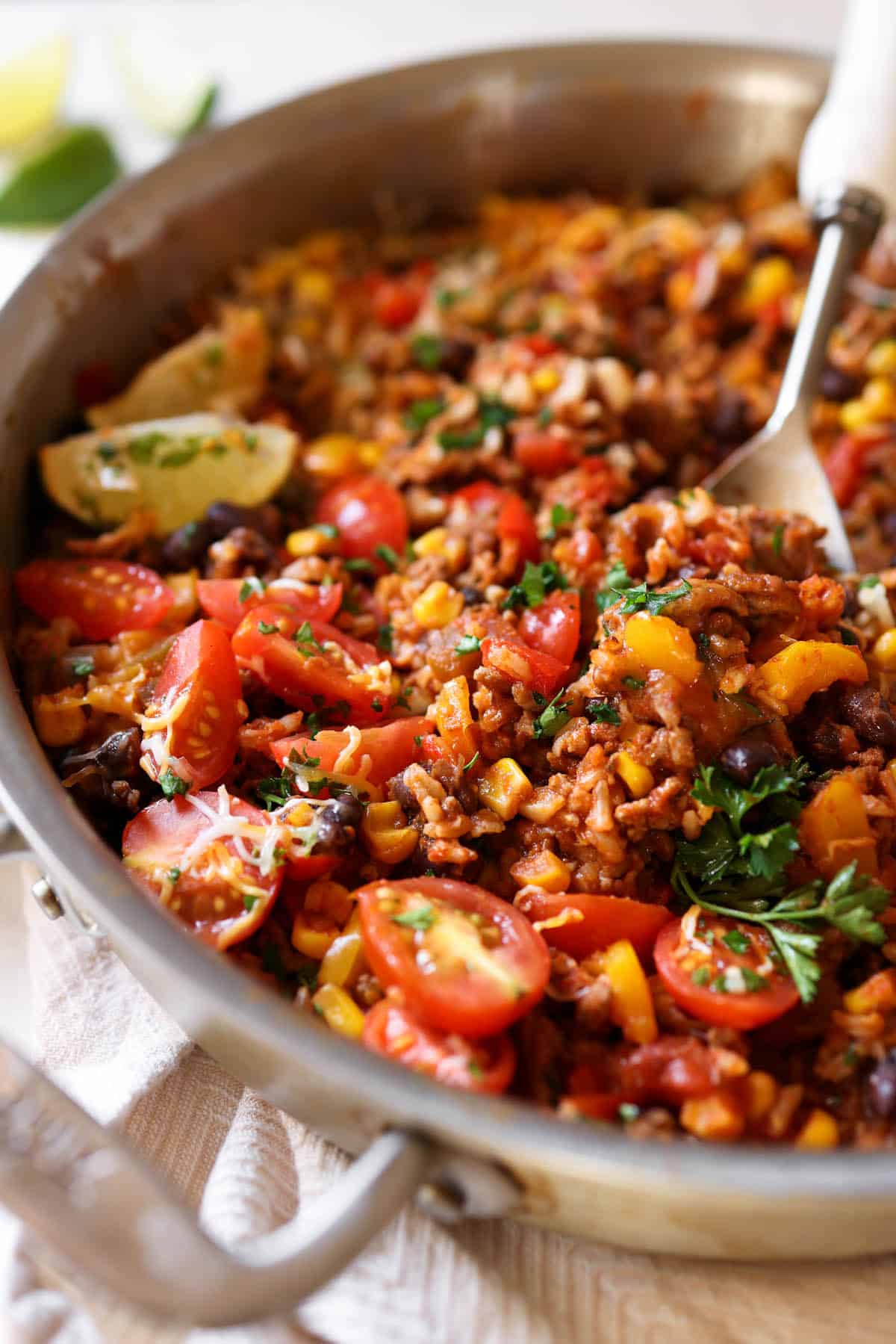 Mexican Beef and Rice skillet with tomatoes and cheese, corn and salsa one pot dinner