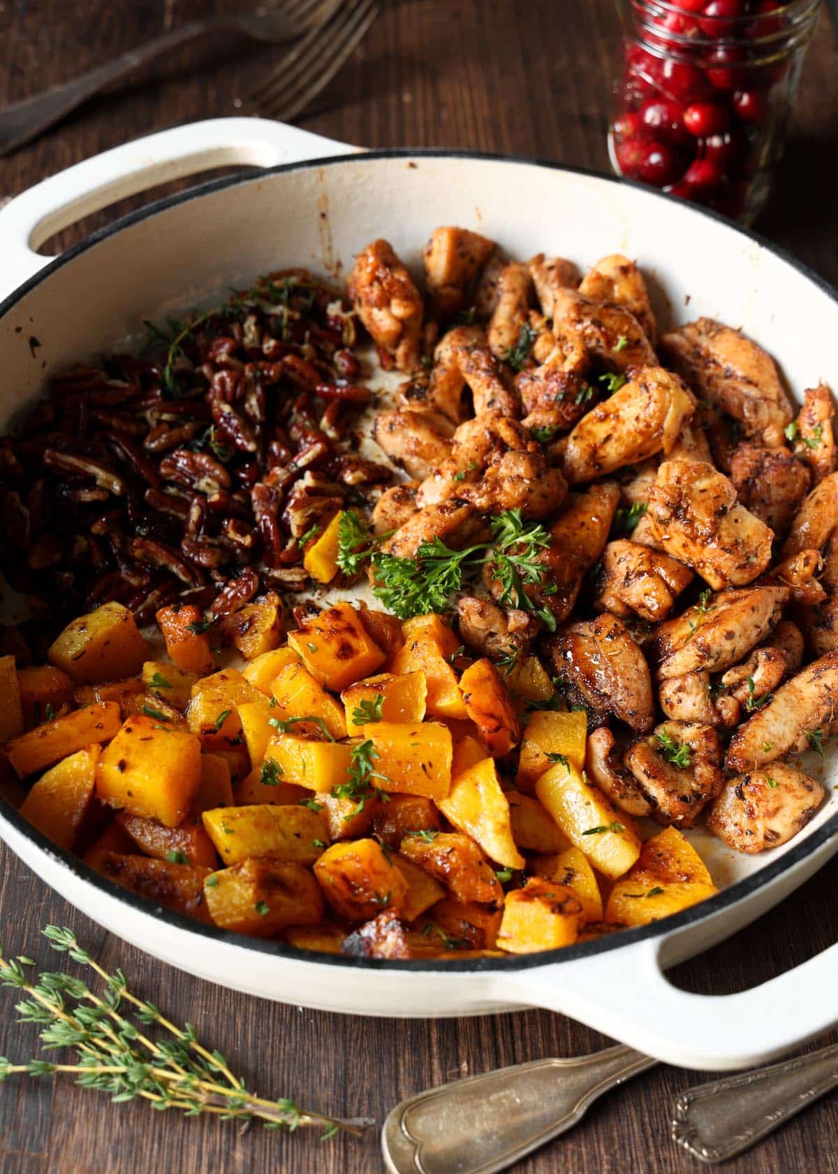 Chicken thighs, sweet potatoes and pecans