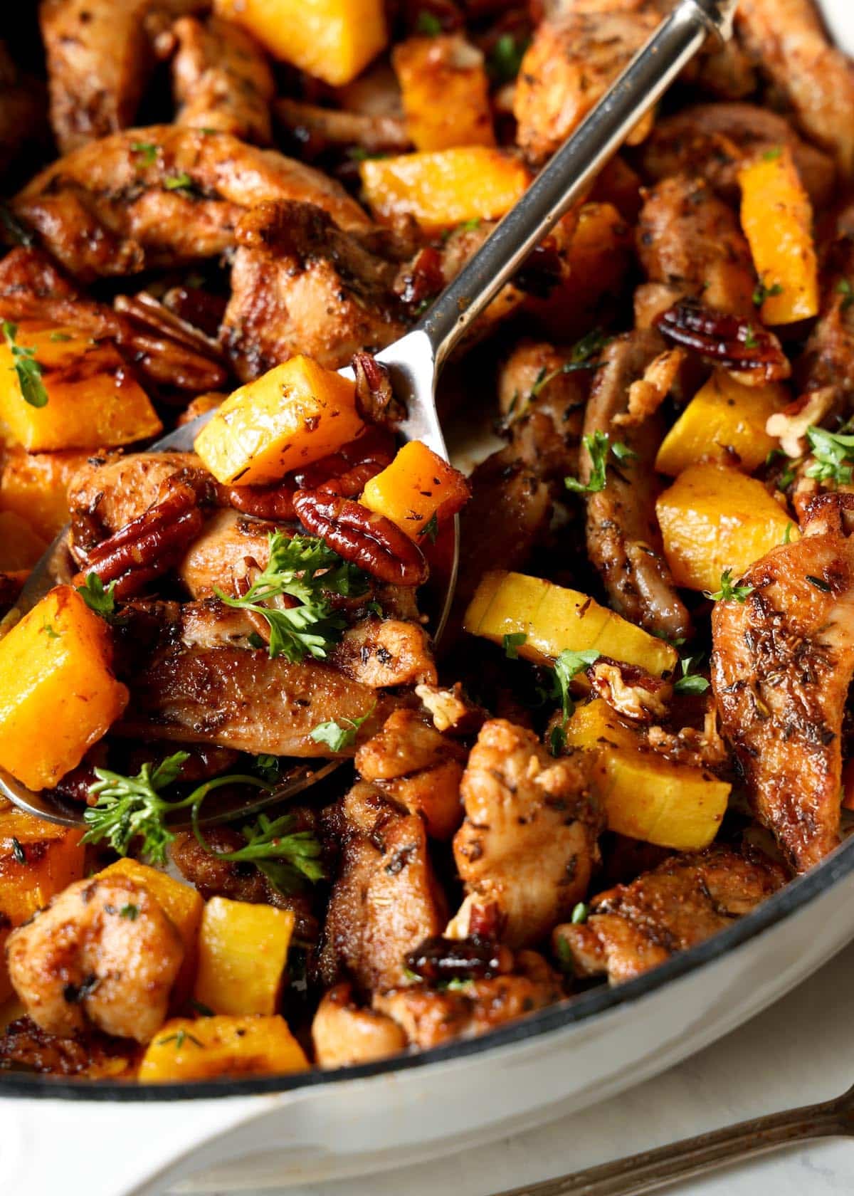 Sweet potatoes, chicken thighs and pecans