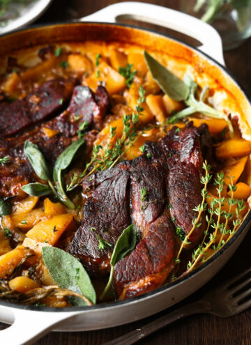 pot roast made with chuck beef, yellow potatoes and sage