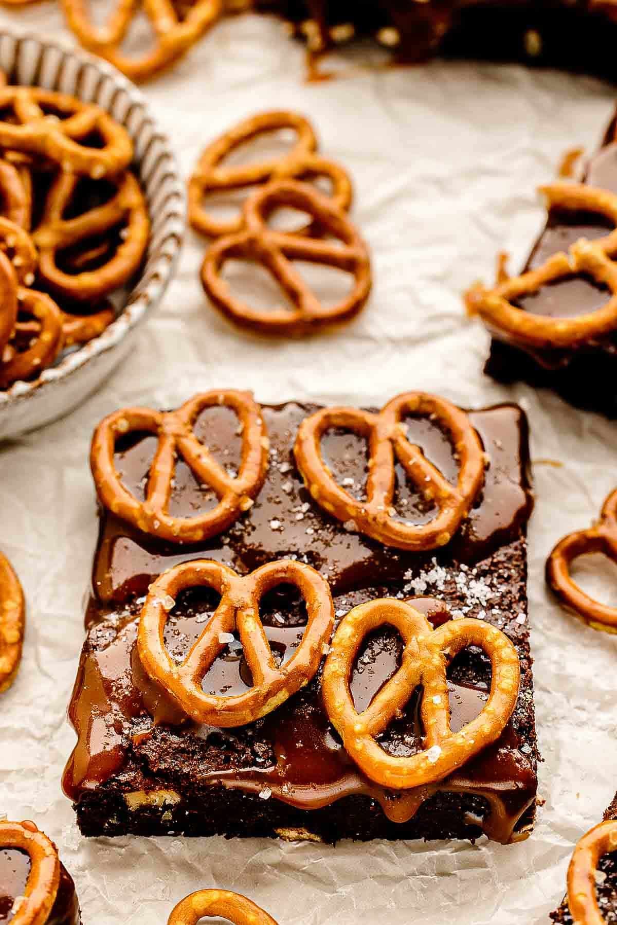 Salted Caramel Chocolate Brownies with Pretzels