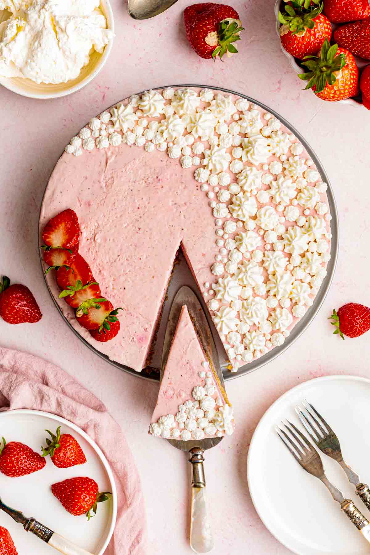 No Bake Strawberry Pie with Cream Cheese (No Jell-O) garnished with whipped cream