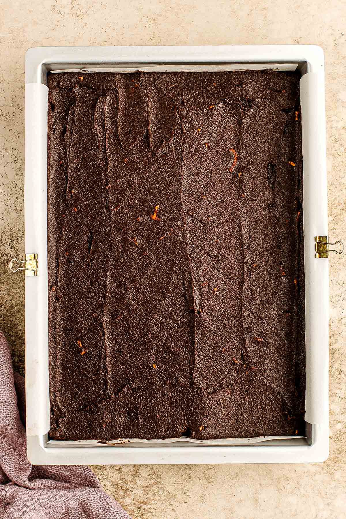 Brownie batter in the pan