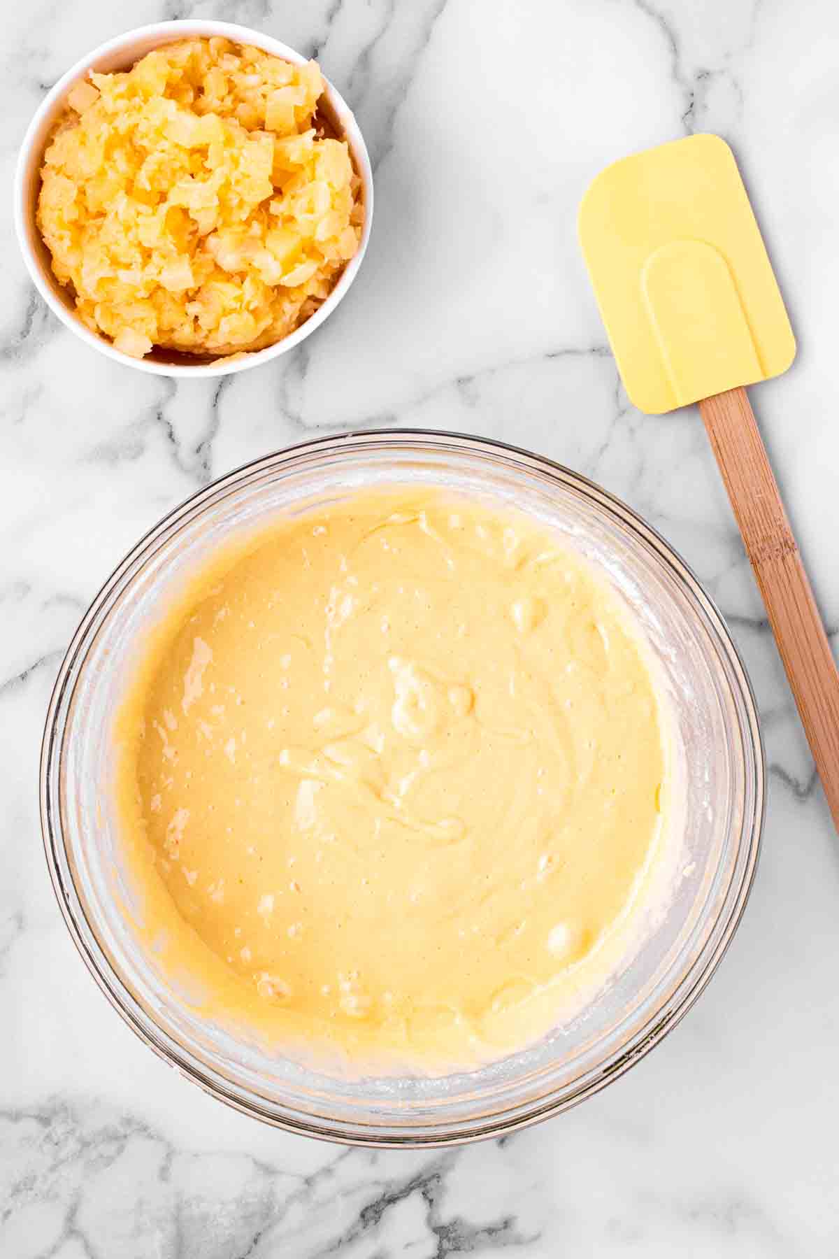 Pina colada cake batter in the bowl