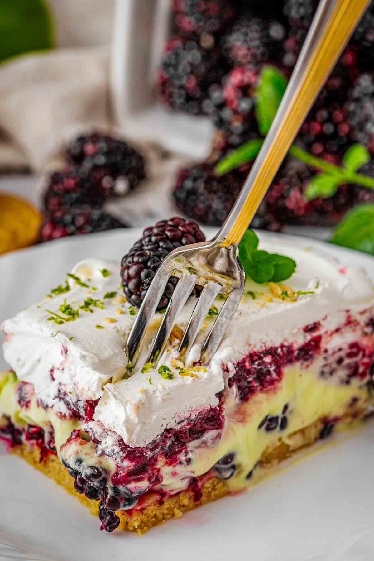 blackberry lime delight with fresh blackberries and lime pudding