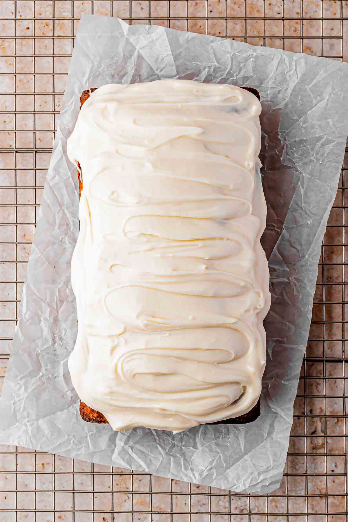 Cream Cheese Icing on top of the carrot cake loaf