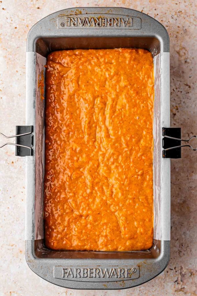 raw carrot cake loaf in the pan
