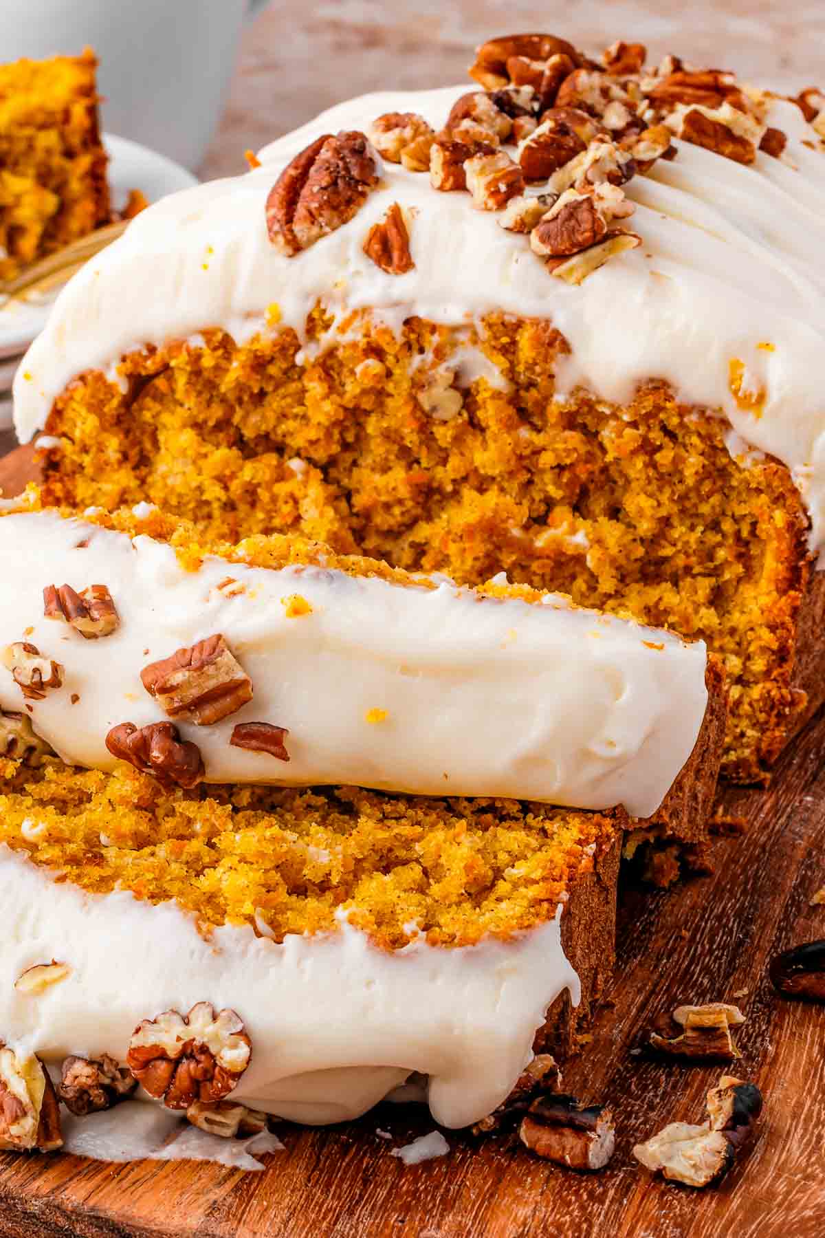Carrot Cake Loaf with Cream Cheese Frosting and pecans