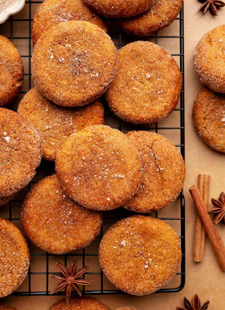 pumpkin snickerdoodle cookies on the baking sheet