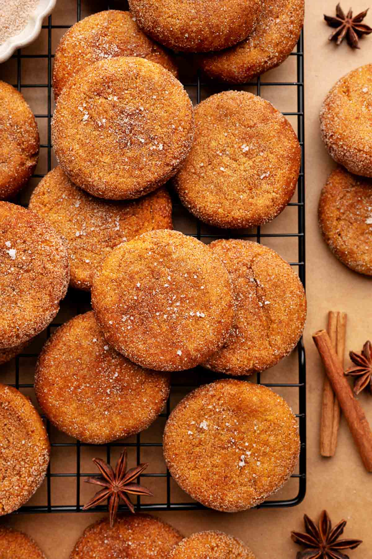 pumpkin snickerdoodle cookies on the baking sheet