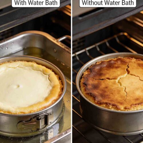 cheesecake with water bath vs without water bath collage