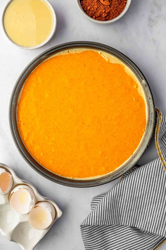 brazilian carrot cake liquid batter inside 9 inch baking round dish