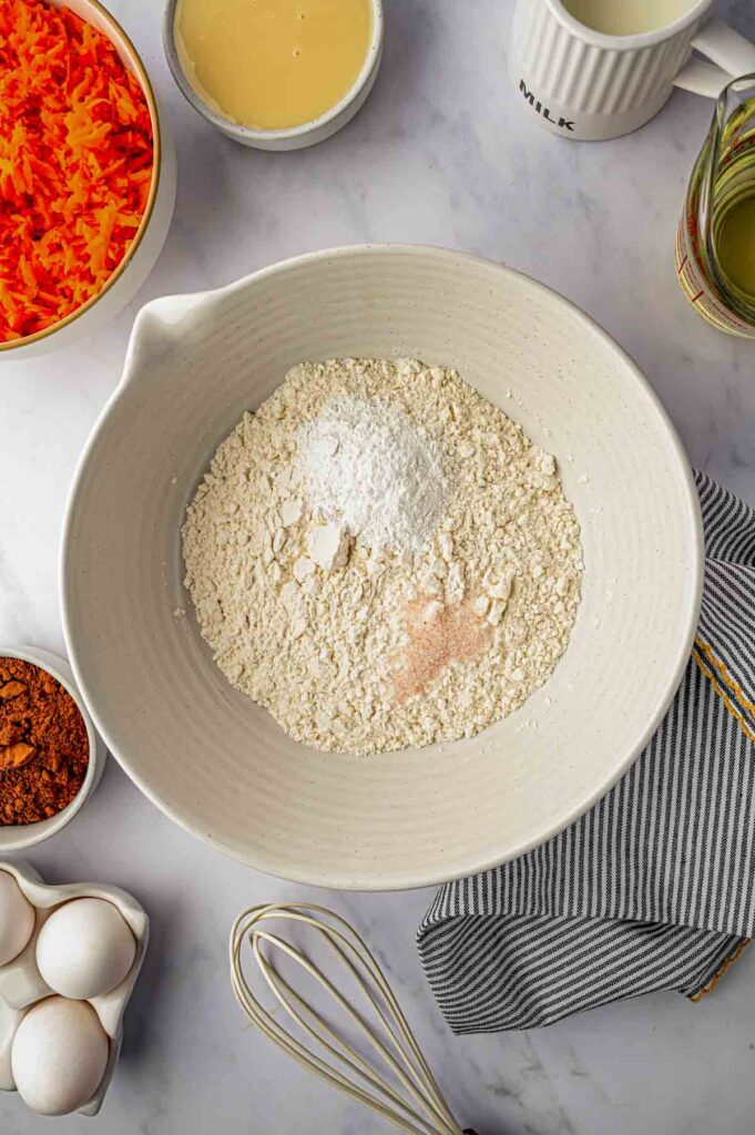 flour, baking powder and salt mixed in the bowl together