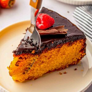 Brazilian Carrot Cake with Chocolate Glaze and shaved chocolate