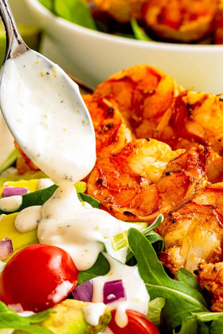 grilled shrimp avocado salad with lime sour cream dressing