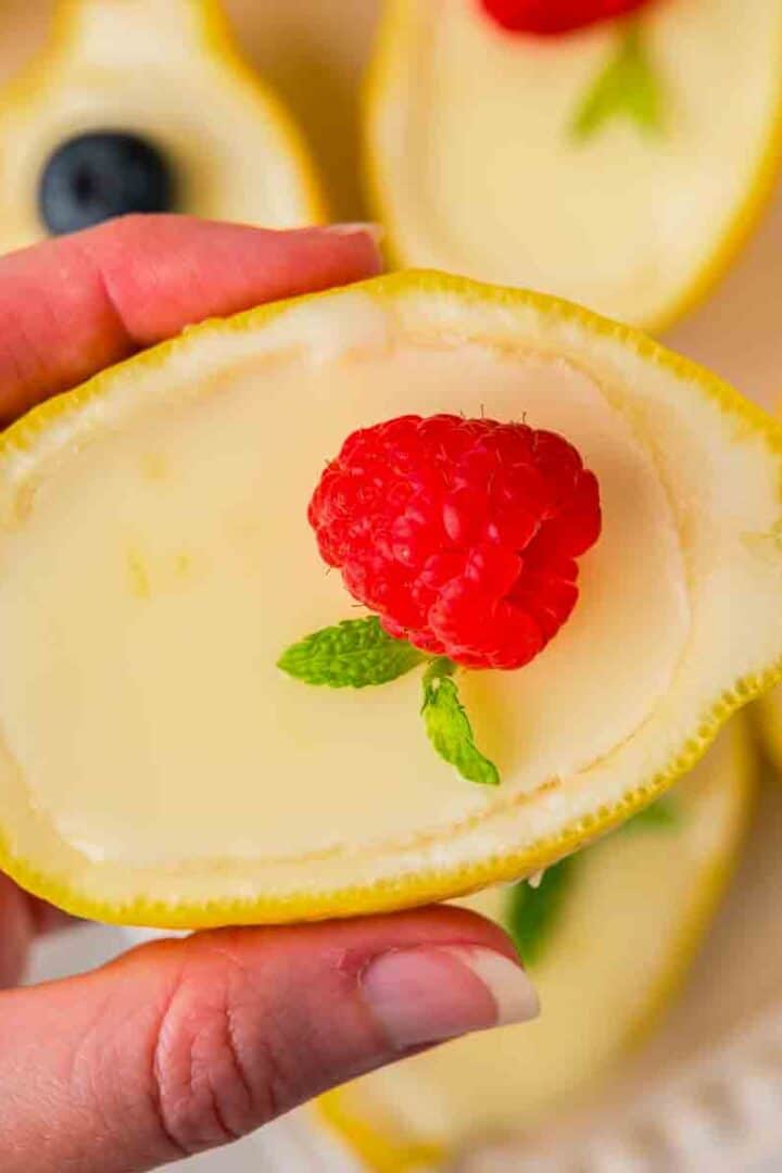 Lemon Possets with fresh raspberry on top