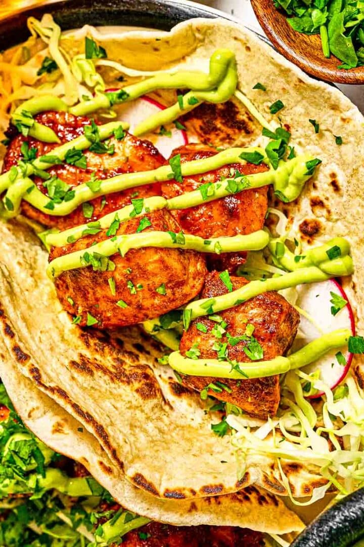 Chipotle Salmon Tacos with Avocado Sauce (Ready in 20 Minutes)