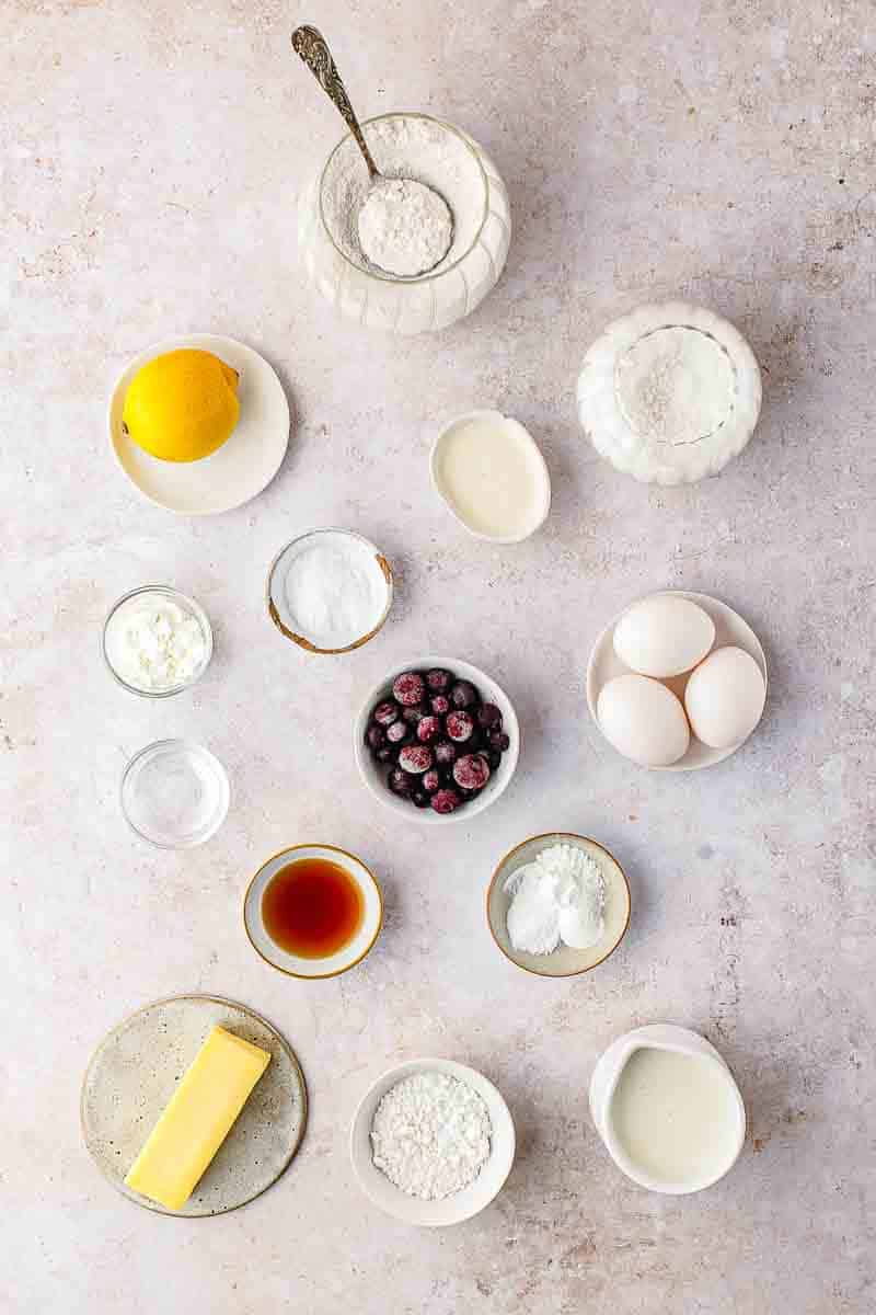 overhead view of all ingredients for vanilla blueberry cake with blueberry filling and vanilla buttercream
