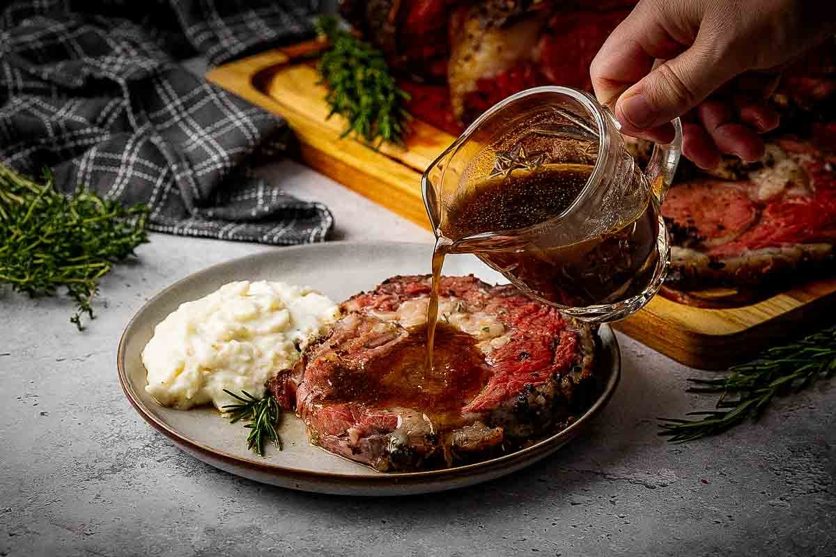 Smoked prime rib roast with coffee herb crust on a pellet smoker with cherry wood pellets